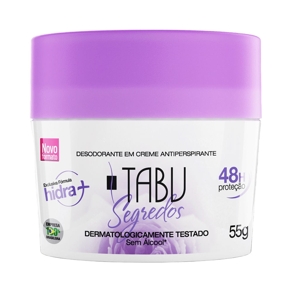 Desodorante creme Tabu Segredos 708 embalagem branca com tampa roxa